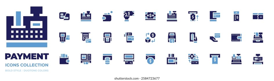 Payment icon collection. Bold style. Duotone colors. credit card payment, wallet, credit card, currency, point of service, atm, cash register, money, data, bill.