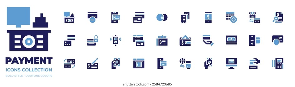 Payment icon collection. Bold style. Duotone colors. cash counter, remove, credit card, payment method, payment security, payment check.