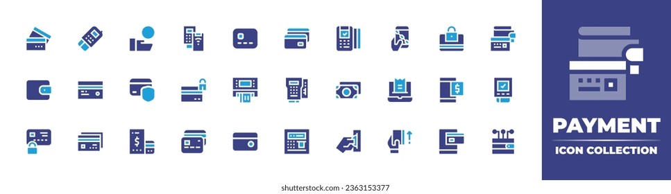 Payment icon collection. Duotone color. Vector illustration. Containing payment, secure payment, online shopping, contactless, credit card, dataphone, wallet, locked card, pos terminal, atm, pay.