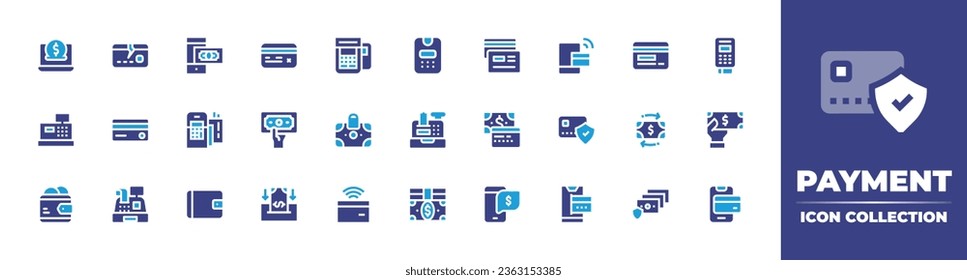 Payment icon collection. Duotone color. Vector illustration. Containing online payment, secure payment, phone, dataphone, wallet, credit card, cash, deposit, internet banking, cash register, pos.