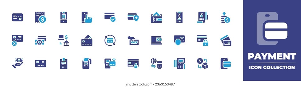 Payment icon collection. Duotone color. Vector illustration. Containing credit card, payment terminal, receipt, no credit card, pay, payment method, cash payment, contactless, report, profit, sell.