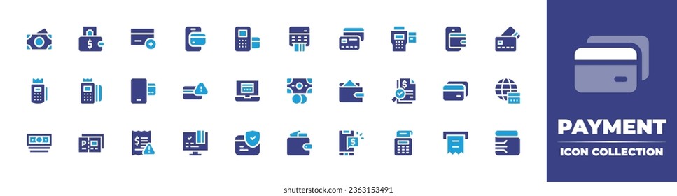 Sammlung von Zahlungssymbol. Duotonfarbe. Vektorgrafik. Mit Online-Zahlung, Brieftasche, besicherte Zahlung, digitale Brieftasche, Kreditkartenzahlung, Kreditkarten, Erdgitter, Scheck, Kreditkarte.