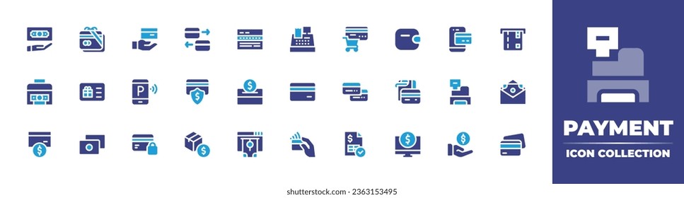 Payment icon collection. Duotone color. Vector illustration. Containing payment, credit card, smartphone, credit cards, secure payment, invoice, wallet, product, trade, cashier machine.