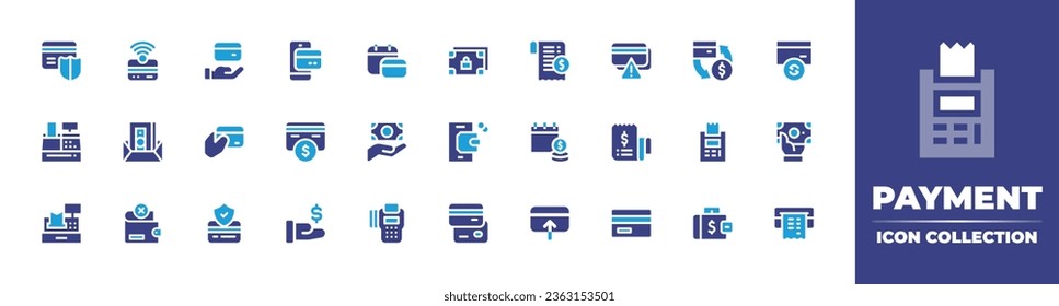 Payment icon collection. Duotone color. Vector illustration. Containing credit card, transaction history, method, calendar, secure, online, income, warning sign, payment, fee.