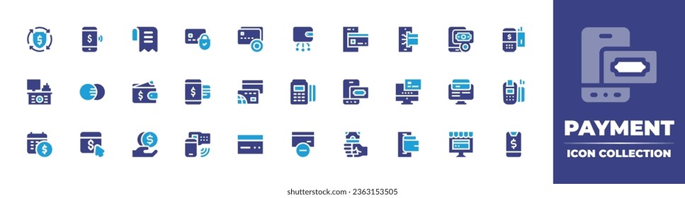 Payment icon collection. Duotone color. Vector illustration. Containing invoice, wallet, loan, secure, payment method, contactless, mobile, cash counter, system, digital wallet.