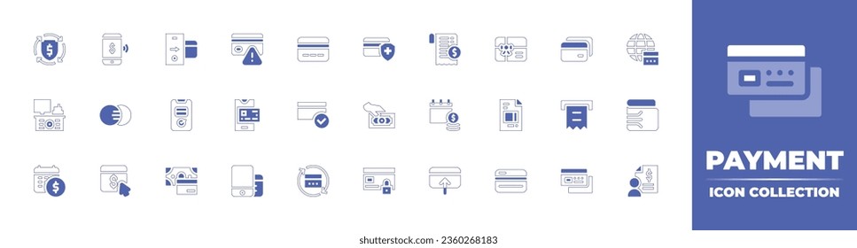 Payment icon collection. Duotone style line stroke and bold. Vector illustration. Containing transaction history, credit card, calendar, income, credit cards, earth grid, cheque, wallet, and more.
