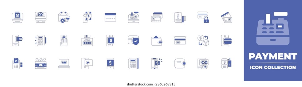 Payment icon collection. Duotone style line stroke and bold. Vector illustration. Containing fee, credit card, wallet, payment, sell, online payment, cash register, payment method, and more.