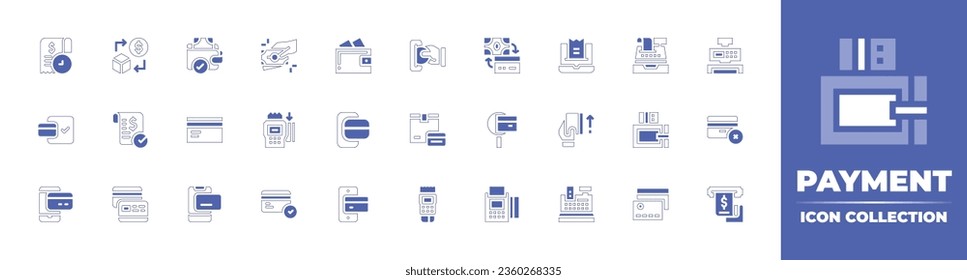Payment icon collection. Duotone style line stroke and bold. Vector illustration. Containing payment, exchange, bill, smartphone, credit card, money, point of service, payment method, and more.