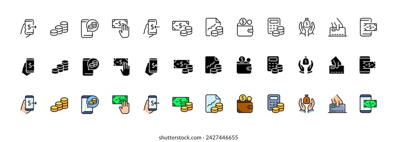 Colección de iconos de pago. Iconos de pago. Lineal, silueta y estilo plano. Iconos vectoriales