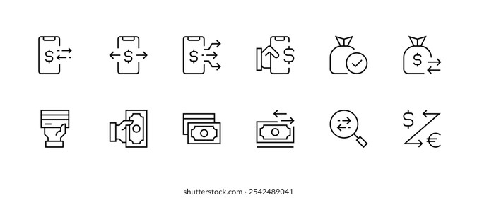 Payment icon collection. Transaction icon set Online payment, money, transaction, exchange, wallet, money bag and more. Editable stroke. Pixel Perfect. Grid base 32px.