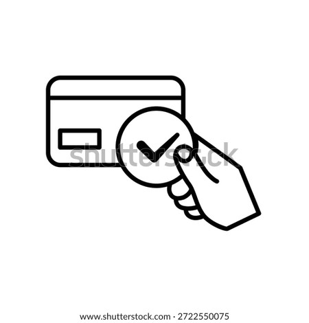Payment icon. Hand holding out a credit card and a check mark. Economics, business, accounting. outline design style.