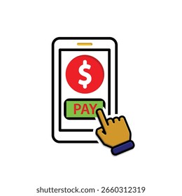Icono de pago. Forma de pago. Mano haciendo clic en el pago en el teléfono móvil y el dólar. Tienda, venta, mercado. estilo de diseño mixto.