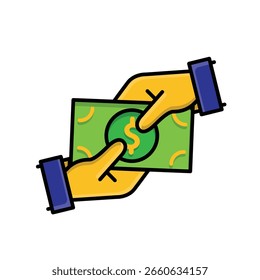 Payment icon. Payment methods and e-commerce. Two hands making a transaction of dollar bills. Shop, sale, market. Isometric design style.