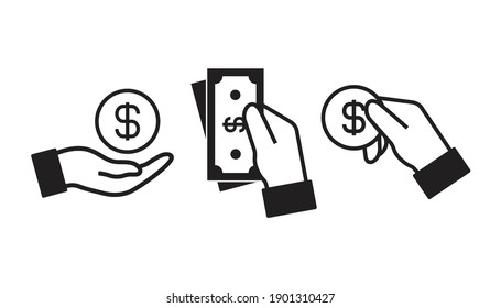 Payment icon. Money in hand, e commerce and marketing. Linear pattern on a white background. Vector illustration for your design.