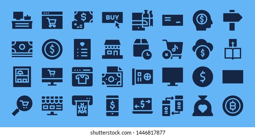 payment icon set. 32 filled payment icons. on blue background style Collection Of - Cash register, Money, Shop, Commerce, Online shop, Coin, Payment, Wishlist, Atm, Buy, Shopping online