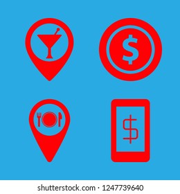 payment icon set about money, restaurant pin and bar pin vector set
