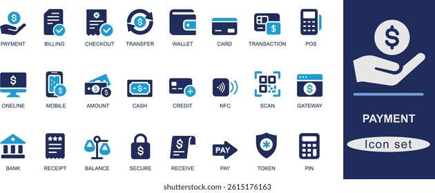 Payment icon set. Payment, Billing, Invoice, Checkout, Transfer, Transaction, Wallet.
