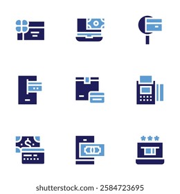 Payment icon set. Bold style. Duotone colors. payment, online payment, mobile payment, machine, gift card, laptop, fuel, check.