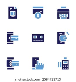 Payment icon set. Bold style. Duotone colors. payment method, credit card, dataphone, digital wallet, invoice, money, bill, smartwatch.