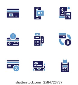 Payment icon set. Bold style. Duotone colors. mobile banking, pos terminal, money, credit card, taxes, turnover, ticket.