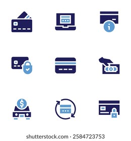 Payment icon set. Bold style. Duotone colors. credit card, online payment, information, secure payment, car, cash payment.