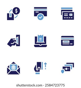 Payment icon set. Bold style. Duotone colors. cash on delivery, credit card, insert coin, gift, card, invoice, money.