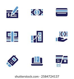 Payment icon set. Bold style. Duotone colors. check, money, bills, bill, credit card, dataphone, online banking, broken.