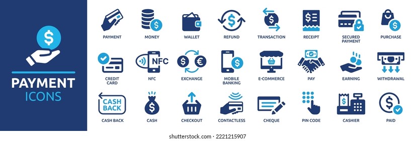 Payment icon set. Business and finance payment collection with money, banking, credit card, exchange, cash and transaction symbol.