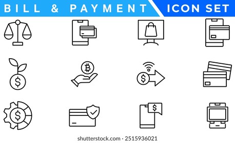 Payment icon set. Business and finance payment collection with money, banking, credit card, exchange, cash and transaction symbol.