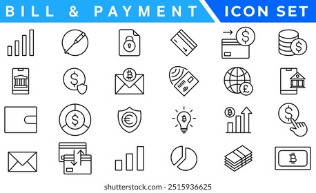 Payment icon set. Business and finance payment collection with money, banking, credit card, exchange, cash and transaction symbol.