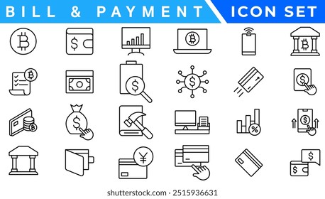 Payment icon set. Business and finance payment collection with money, banking, credit card, exchange, cash and transaction symbol.