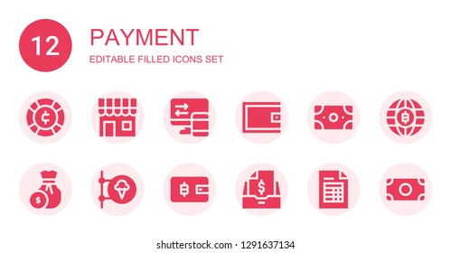 payment icon set. Collection of 12 filled payment icons included Coin, Shop, Transfer, Wallet, Money, Taxes, Invoice, Bitcoin
