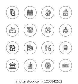 Payment icon set. collection of 16 outline payment icons with atm, bank, bitcoin, cashier, commerce, card, cards, payment method, online shopping, shop, supermarket icons.