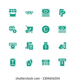 payment icon set. Collection of 16 filled payment icons included Invoice, Banknote, Salary, Coin, Insert coin, Purse, Bill, Atm, Money, Euro, Store, Economy, Paypal, Cash