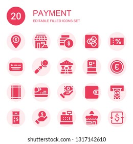 payment icon set. Collection of 20 filled payment icons included Money, Store, Extension manager, Voucher, Cheque, Sign, Bank, Atm, Euro, Margin, Card, Payment method, Wallet