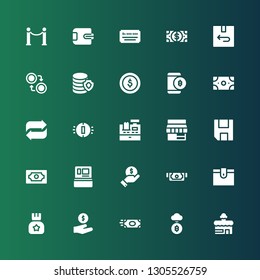 payment icon set. Collection of 25 filled payment icons included Shop, Bitcoin, Money, Cash, Wallet, Finance, Cash machine, Save, Store, Cashier, Coin, Transfer, Dollar coins