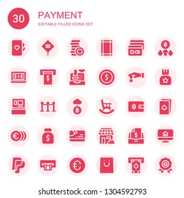 payment icon set. Collection of 30 filled payment icons included Cards, Sign, Coins, Margin, Card, Bank, Invoice, Cash register, Coin, Cash machine, Line, Bitcoin, Retirement