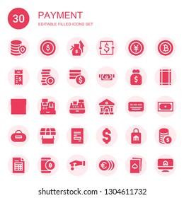 payment icon set. Collection of 30 filled payment icons included Money, Dollar coins, Salary, Dollar, Yen, Bill, Coins, Cash, Purse, Shop, Cash register, Cashier, Bank, Cheque