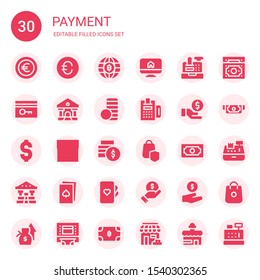 conjunto de iconos de pago. Recopilación de 30 íconos de pago rellenos: Euro, Bitcoin, Ecommerce, Cash register, Key card, Bank, Coin stack, Payment, Money, Dollar, Shop, Secure shopping