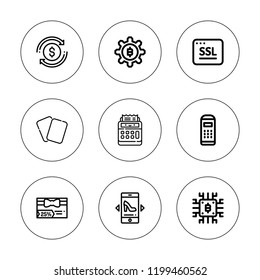 Payment icon set. collection of 9 outline payment icons with bitcoin, cashier, cards, dollar, gift card, online shop, payment terminal icons. editable icons.