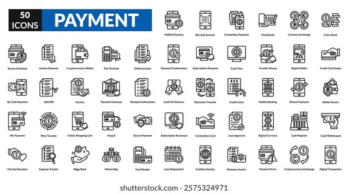 payment icon set collection. coins stack, Credit Card Swipe, wallet secure, Cash Withdrawal, digital transaction, mobile payment, barcode scanner, Contactless Payment, checkbook, currency exchange