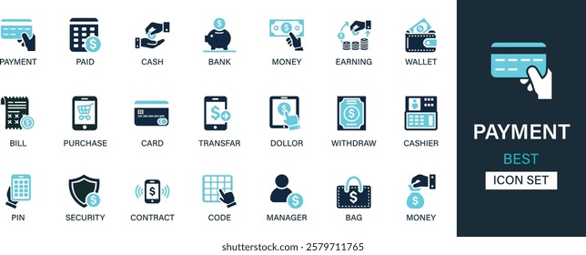 Payment icon set collection. Paid, cash, bank, money, earning, wallet, bill, purchase, card, transfer, dolor, cashier and best solid icon set. 