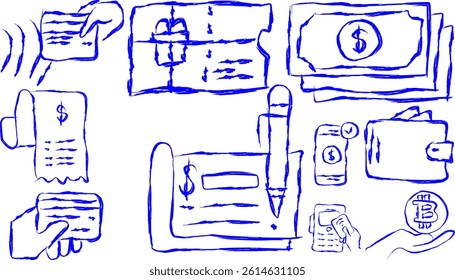 payment icon set in doodle style. Card machine icon, mobile payment, receipt, check, wallet, icon. Collection of line icons.