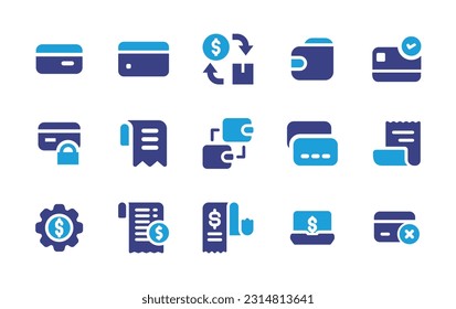 Payment icon set. Duotone color. Vector illustration. Containing payment, credit card, cash flow, wallet, verified, secure payment, invoice, transaction, receipt, settings, transaction history, laptop