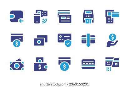 Payment icon set. Duotone color. Vector illustration. Containing wallet, contactless, pos terminal, card, atm machine, transaction, credit card, card payment, subsidize, broken, money, banknotes.