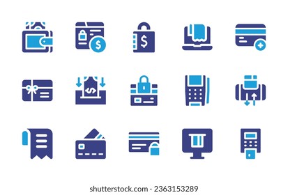 Payment icon set. Duotone color. Vector illustration. Containing invoice, credit card, smartphone, dataphone, monitor, card, security card, gift card, deposit, online payment, payment, internet.