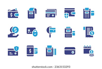 Payment icon set. Duotone color. Vector illustration. Containing transaction history, wallet, payment terminal, loan, secure payment, pos terminal, credit card, check, calendar, payment method, card.