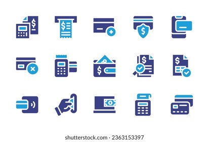 Payment icon set. Duotone color. Vector illustration. Containing invoice, credit card, declined, payment, method, audit, terminal, online payment, secure, calculator.