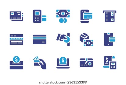 Payment icon set. Duotone color. Vector illustration. Containing mobile banking, taxes, insert coin, cash on delivery, internet banking, credit card, point of service, donate, contactless, pos, money.