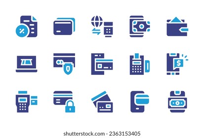 Symbol-Set für die Zahlung. Duotonfarbe. Vektorgrafik. Brieftasche, Zahlung, Steuer, Kreditkarte, Handy, online, sicher, Punkt des Dienstes.